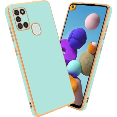 Afbeelding van Cadorabo Hoesje geschikt voor Samsung Galaxy A21s in Glossy Mintgroen Goud Beschermhoes Case Cover van flexibel TPU silicone en met camerabescherming