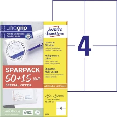 Afbeelding van Avery Zweckform 6601 105 x 148 mm Papier Wit 260 stuk(s) Permanent hechtend Universele etiketten Laser 65 vel DIN A4