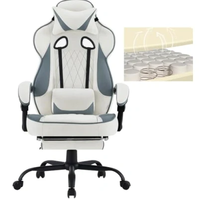 Afbeelding van WOLTU Gamingstoel van ademende stof, ergonomisch, met lendenkussen, maximale belasting: 150 kg, computerstoel grote rugleuning en zitting, blauw wit, voor zomer of op kantoor