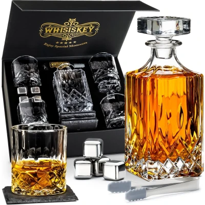Afbeelding van Whisiskey Whiskey Karaf Klassiek Glazen Luxe Set 0,7 L Decanteer Whisky Incl. 4 Tumbler Glazen, RVS Stones Peaky Blinders