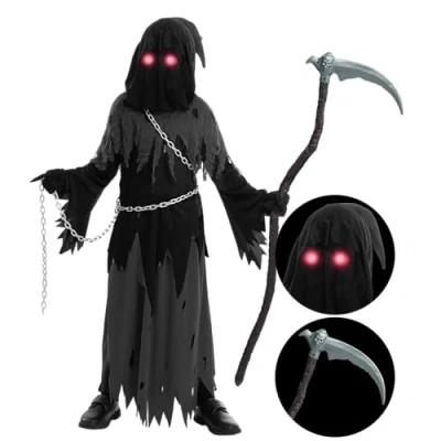 Afbeelding van Spooktacular Creations Child Glowing Eyes Reaper kostuum voor Creepy Phantom Halloween (Small (5 7 jaar))