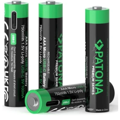 Afbeelding van PATONA 4 stuks AAA USB C 1,5 V/750 mWh, 500 mAh, oplaadbaar via (100 mA), oplaadkabel met 2 poorten