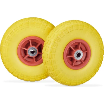 Afbeelding van Relaxdays steekwagenwiel anti lek 4.1/3.5 4 rubberen band reservewiel 2 stuks Geel rood