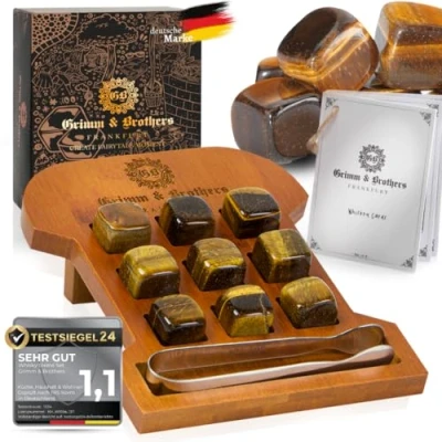 Afbeelding van Set van 9 whiskystenen, tijgeroogstenen, gegraveerd bamboeframe, koelstenen, cadeaus voor mannen, herbruikbare ijsblokjes, geschenkdoos