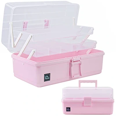 Afbeelding van Creahaus Opbergdoos 33 cm met 3 lagen, multifunctionele kunststof gereedschapskist handvat voor naaien, make up, medicijnen, nagels, haaraccessoires kinderen (roze)