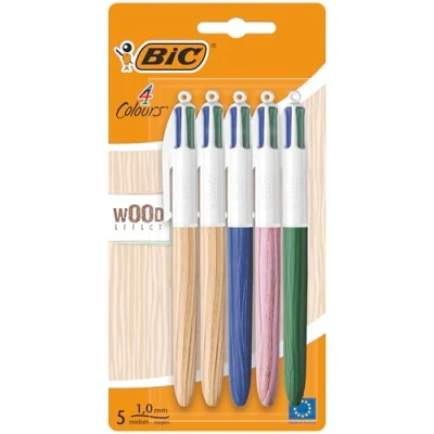 Afbeelding van BIC 4 Kleuren Wood Style Intrekbare Balpennen met Hout effect 5 Pennen Medium Punt 1 mm
