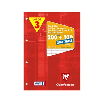 Afbeelding van Clairefontaine 65818AMZC Set van 3 geperforeerde gelijmde notitieboekjes A4 21x29,7 cm 200 Pagina&#039;s + 100 gratis gelinieerd met marge 90 g Wit Papier Gelamineerde Kaartomslag
