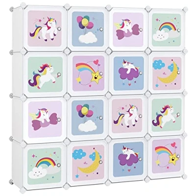Afbeelding van Songmics LPC906W01 Modulaire kinderkast, 123 x 31 cm, 16 kubussen van kunststof met deuren voor kleding, schoenen en speelgoed, wit