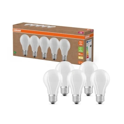 Afbeelding van OSRAM Hoogwaardige led lampen met energiezuinige klasse A, voordeelpakket 5 lichtmiddelen, vervangt conventionele 60 W gloeilampen, warmwit (2700 K), E27, mat glas, warm wit