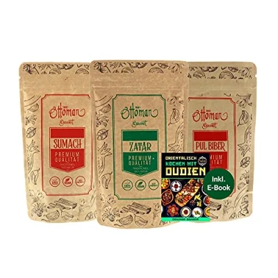 Image de OUDIEN Mélange d&#039;épices de sumac, zatar et pul castor Ottoman 3 x 200 g, épices orientales avec e book 20 délicieuses recettes