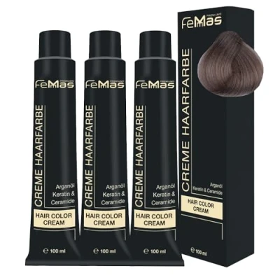 Afbeelding van FemMas Licht blond Ash blonde haarverf 8.1, professionele crème voor haar met voedende arganolie, keratine en ceramide, als permanente kleuring of haarkleurmiddel, 3 x 100 ml