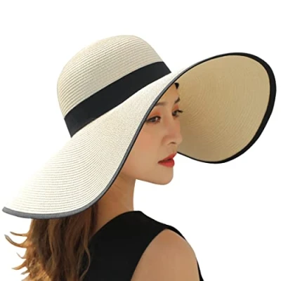 Afbeelding van BABAHU Opvouwbare strohoed met brede rand voor dames, zomerzonnehoed, strandhoed, uv bescherming 50+