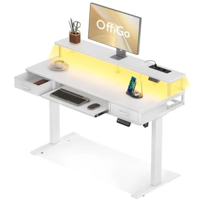 Afbeelding van OffiGo 120 cm in hoogte verstelbaar elektrisch bureau met 2 laden, monitorstandaard en toetsenbordlade voor kantoor, wit