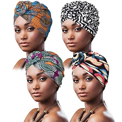 Afbeelding van DRESHOW Afrikaanse tulband voor dames, 4 stuks, voorgebonden muts, chemomuts, haaruitvalmuts, hoed