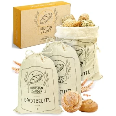 Afbeelding van KRUSTENZAUBER linnen broodzakken set van 3 3x zakken 40x30cm voor broodopslag ideale broodzak, rolzak, broodbakaccessoires broodzak vers houden