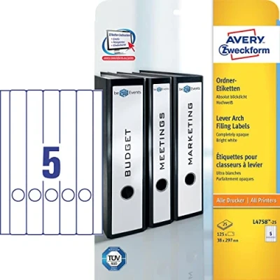 Afbeelding van Avery Zweckform L4758 25 Ordnerrugetiketten Ft 38 X 297 Mm (b H), 125 Etiketten,wit Etiket