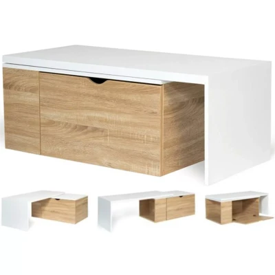 Afbeelding van Table basse rotative bois et blanc 360 LIZZI extensible avec coffre