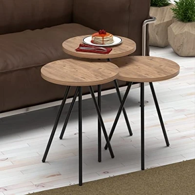 Image de Set de 3 tables d&#039;appoint Ølgod rondes gigognes naturel noir [en.casa]