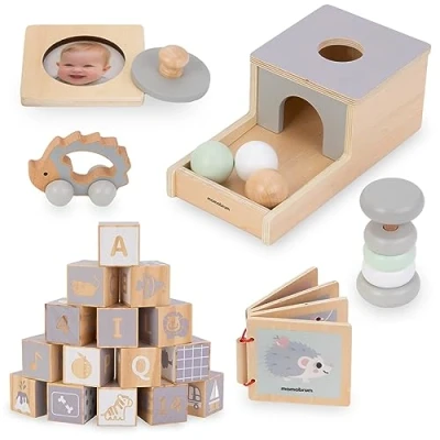 Afbeelding van Mamabrum, Montessori educatieve doos voor kinderen, 6 spellen, houten speelgoed, rammelaar, blokken, machine, egel, boek