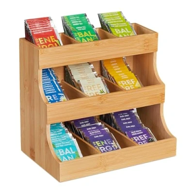 Afbeelding van Relaxdays Organizer met 9 vakken van bamboe, 24 x 27 17,5 cm (h b d), thee en koffiepads, verticaal teerrek, naturel
