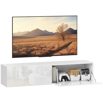 Afbeelding van HOMCOM TV meubel 140x33x29,8cm Panneaux de particule Blanc