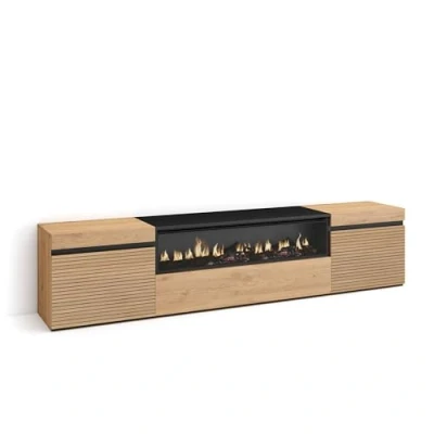 Afbeelding van Skraut Home tv kast, bank, grote opbergruimte, 200 x 45 35 cm, voor tv&#039;s tot 80 inch, elektrische open haard, moderne stijl, eiken