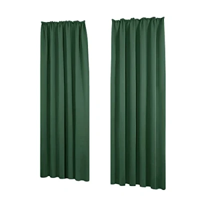 Afbeelding van Deconovo Set van 2 ondoorzichtige thermische gordijnen met plooiband, geluidsbescherming, 245 x 140 cm (hoogte breedte), bosgroen