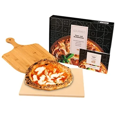 Afbeelding van Gourmeo Pizzasteenset met bamboe schep, 38 x 30 cm vierkant, cordierite pizzasteen voor oven, gasgrill en grill, gelijkmatige warmteverdeling eenvoudige reiniging