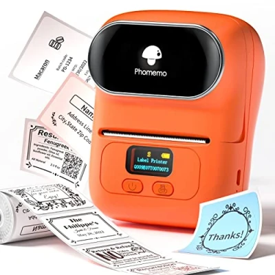 Afbeelding van Phomemo M110 labelprinter, draagbare Bluetooth geschikt voor kantoor, transport, kabel, winkel, barcode, met 1 etiket, 40 x 30 mm, oranje