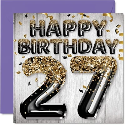 Image de Stuff4 Carte d&#039;anniversaire 27 ans pour homme Ballons noirs et dorés Cartes de ans, fils, frère, oncle, cousin, 145 mm x