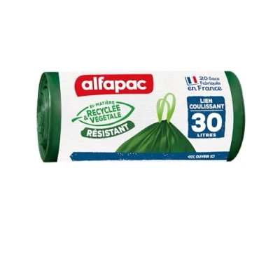 Afbeelding van ALFAPAC 20 Sacs 30L à liens coulissants poubelle Ultra Résistants Vegetal Origin Lot de 2