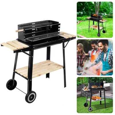 Afbeelding van Cheqo® Barbecue Verrijdbaar BBQ op Wielen Houtskool Buitenkeuken 45x31cm 6kg Windscherm met Gleuven 2 Verstelbaar