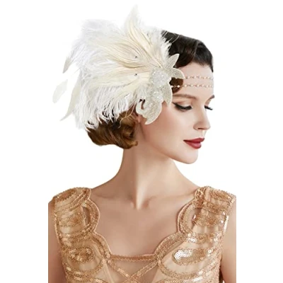 Afbeelding van BABEYOND Haarband voor dames, jaren &#039;20, veren, Charleston, Great Gatsby, hoofdband, accessoire carnavalskostuum, wit