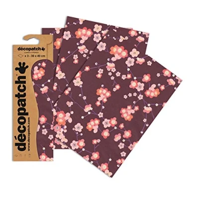 Afbeelding van Décopatch C707O Een zakje met 3 vellen bedrukt papier, 30 x 40 cm, kleine roze bloemen op paarse achtergrond