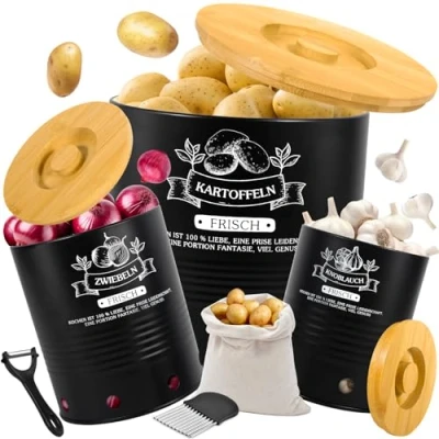Afbeelding van JEDWKFA Set van 3 aardappeldozen, aardappelopslag, uien, knoflook, sjalotten, levering met officemes, aardappelmes, opbergtas, zwart