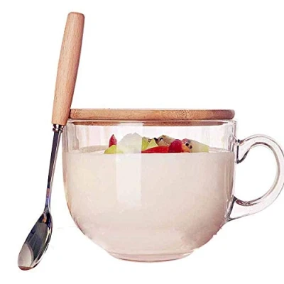 Afbeelding van TAMUME 470 ml glazen mok met houten deksel, inclusief lepel handvat, koffiekopje en theekopje (houten deksel lepel, ml)