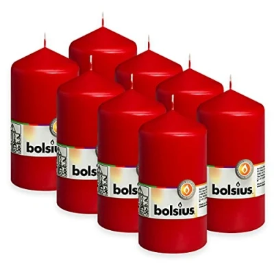 Afbeelding van Bolsius 8 stuks stompkaarsen, glad, rood, decoratief, brandlengte: 43 uur, geurvrij, natuurlijke plantaardige was, 13 x 7 cm