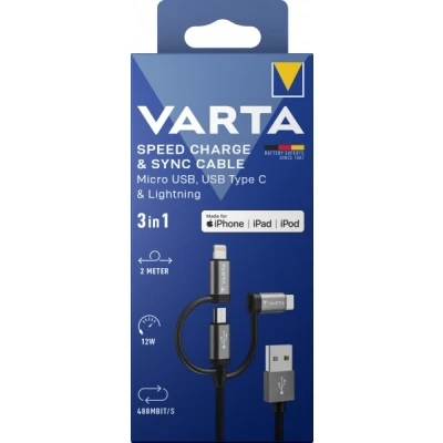 Afbeelding van Varta kabel, USB A/Micro/C/Lightning, 3in1, 2,0m 12W, 480Mbit/s, zwart, retailblister