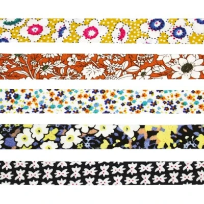 Afbeelding van MegaCrea DIY Biasband, katoen, 1 cm x m, bloemen, blauw, geel, 5 stuks