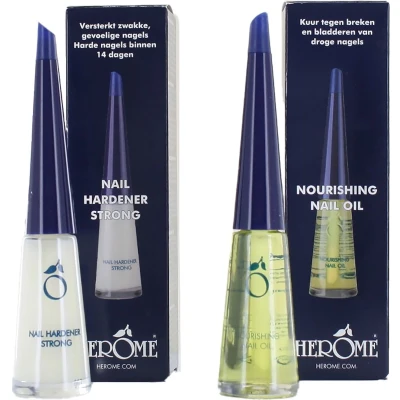 Afbeelding van Herome Combi Pack Nagelverharder Sterk en Base Coat &amp; Voedende Nagelolie (Nail Hardener Strong Nourishing Nail Oil) Herstelt Droge, Breekbare Nagels Verhelpt Zwakke Gevoelige 2*10ml.