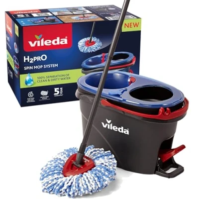 Afbeelding van Vileda H2Pro Spin Mop systeem, Complete set met spinmop en emmer pedaalpers, Twee gescheiden waterreservoirs, Schoon water bij elke spoeling