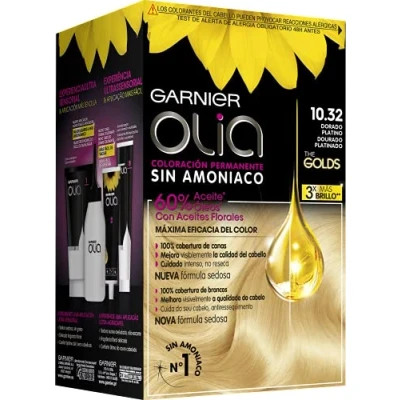 Afbeelding van Garnier Olia Permanente haarkleur zonder ammoniak voor een aangename geur met bloemenoliën van natuurlijke oorsprong, kleur platina goud 10,32, 1 stuk (1 stuk)