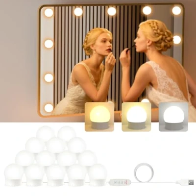 Afbeelding van Led make uptafel, Hollywood, kaptafel met 14 lampen, kaptafel, dimbaar, USB, uplamp 3 kleuren (spiegel niet inbegrepen en adapter)