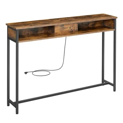 Afbeelding van VASAGLE Consoletafel met stopcontacten, bijzettafel 2 vakken, 25 x 120 81 cm, ruimtebesparend, voor entree, woonkamer, vintage bruin/inktzwart LNT111K01