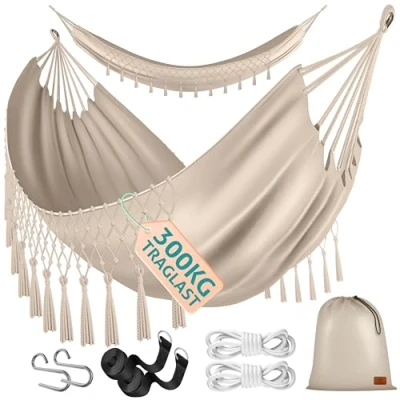 Afbeelding van KESSER® Hangmat met een maximale belasting van 300 kg, 320 x 150 cm, draagvermogen 1 2 personen, ademend, weerbestendig, ideaal voor camping of tuin, beige