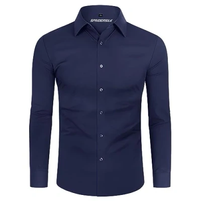 Afbeelding van DEMEANOR Stretch overhemd met lange mouwen voor heren, slim fit, businesshemd kreukvrij, Navy Blauw