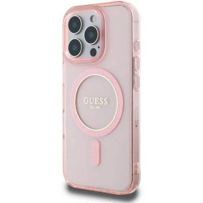 Afbeelding van GUESS, Beschermhoesje Geschikt voor Apple iPhone 16 Pro Max MagSafe met glittercirkel, Roze