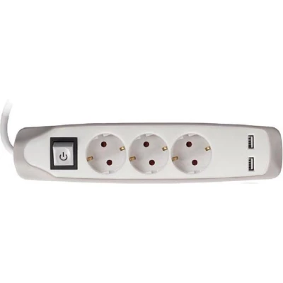 Afbeelding van Perel Stekkerdoos met schakelaar, 3 stopcontacten randaarde (Schuko, type F), 2 USB poorten, kabel 1.5 m, 3G1.5, gebruik binnenshuis, wit