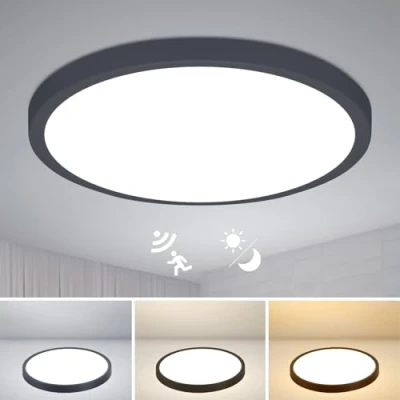 Afbeelding van Combuh led plafondlamp met bewegingsmelder, 28 W, 2800 lm, zwart, rond plafond schemeringssensor, 3000 K/4000 K/6000 K, diameter 30 cm, plafondlamp, voor hal, trap, garage, balkon