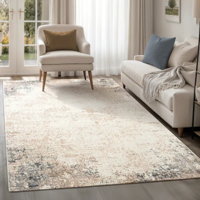 Afbeelding van Fashion Marmer Vloerkleed Laagpolig Modern Design Marmerlook Creme Grijs Rechthoek Polyester 80x300 cm